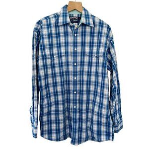 Panhandle Slim Mens Sz M Blue White Plaid Western Pearl Snap Cowboy Shirt